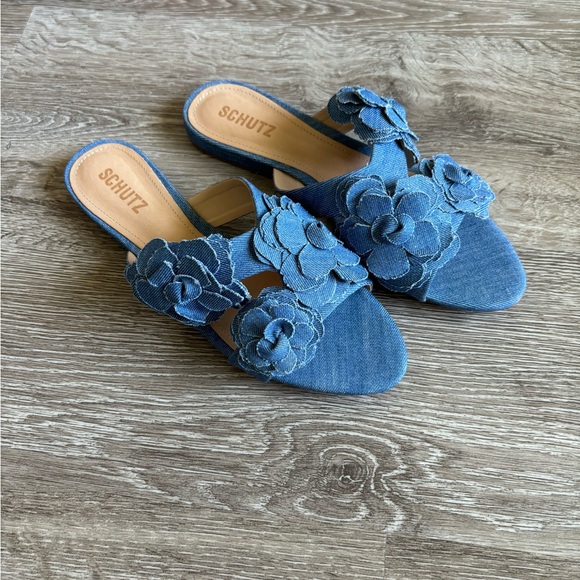 Schutz Denim Floral Slide Sandals - Picture 2 of 5
